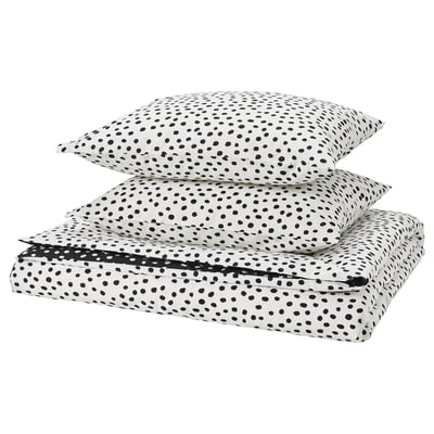 BJÖRKGRÅMAL duvet set: white with black dots, cotton-blend, rectangle with envelope closure.