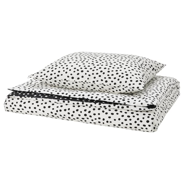 BJÖRKGRÅMAL bedding set: white with black dots, soft cotton-viscose, rectangular, neatly folded.