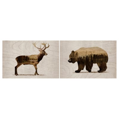 Double exposure art: deer & bear silhouettes with forest landscapes. Brown tones, rectangular panels.