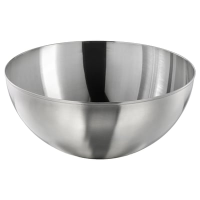 Polished stainless steel bowl, simple design, smooth shape, no handle, round, modern look, versatile for various uses.