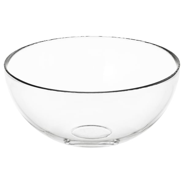 Clear glass bowl, simple design, round shape, transparent.