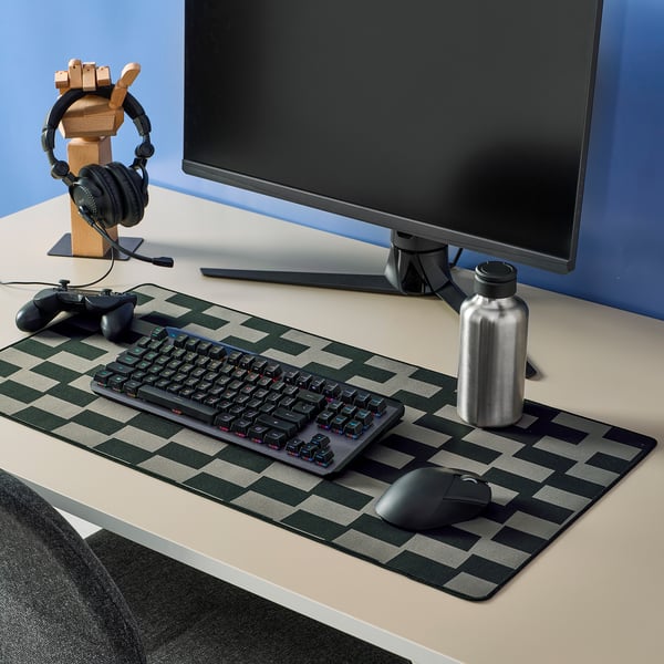 BLÅSKATA black & grey check mouse pad, wide, keyboard & mouse fit, rubber base, stylish gamer setup.