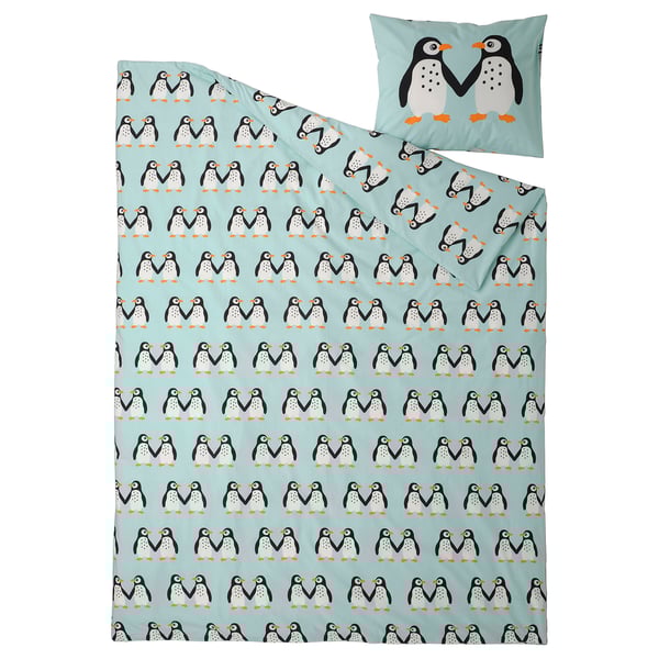Baby blue duvet & pillowcase set with penguins, soft cotton & viscose, zip closure.