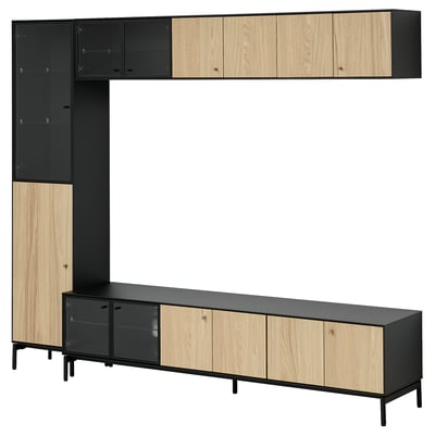 BOASTAD storage combination: black & oak, modern thin lines, various cabinets and shelves, durable, easy to clean.