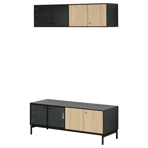 BOASTAD tv bench & wall shelf set. Modern, bi-fold glass doors, honeycomb paper shelves.