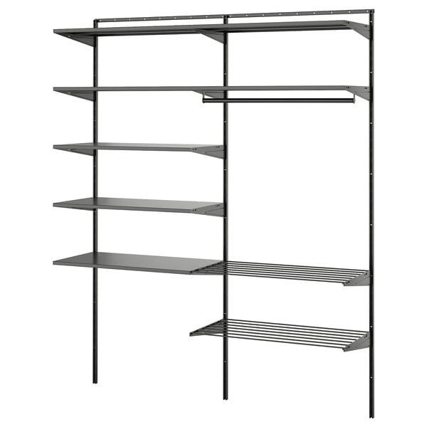 BOAXEL: dark grey wall-mounted storage system with multiple shelves and hanging racks, designed for efficient storage and drying.