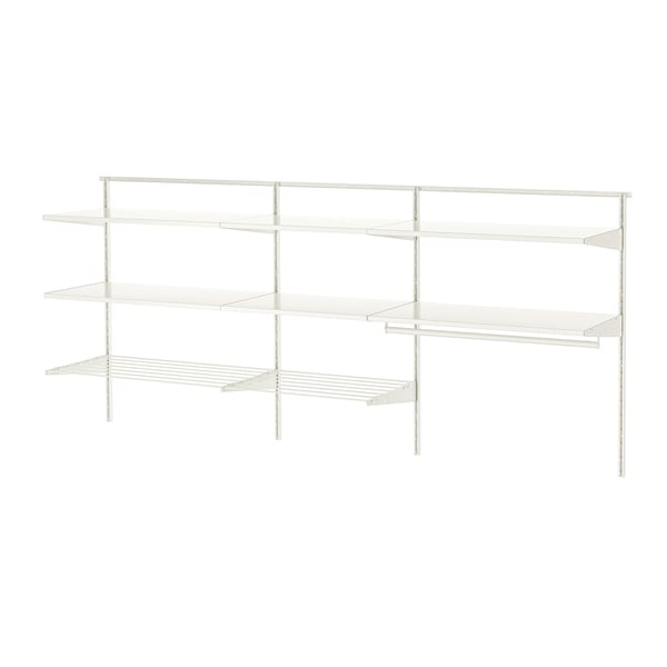 White BOAXEL wall storage system with multiple wire shelves.