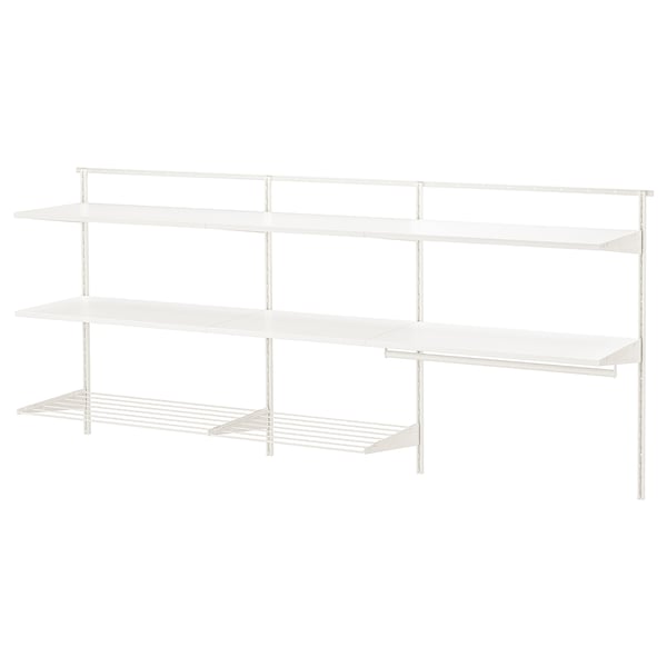 BOAXEL white wall shelf unit, simple & adjustable design. 4 shelves, 3 solid, 1 wire.