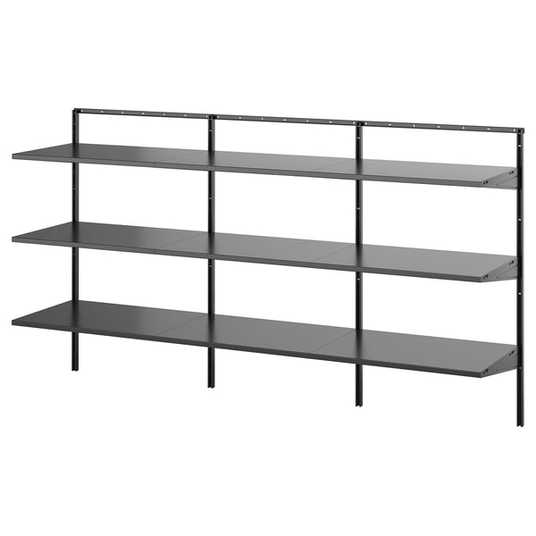 An empty BOAXEL shelf unit in black with three glass shelves and metal framing.