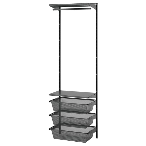 BOAXEL wall storage: dark grey metal mesh drawers and shelves with vertical rods, modern, functional design.