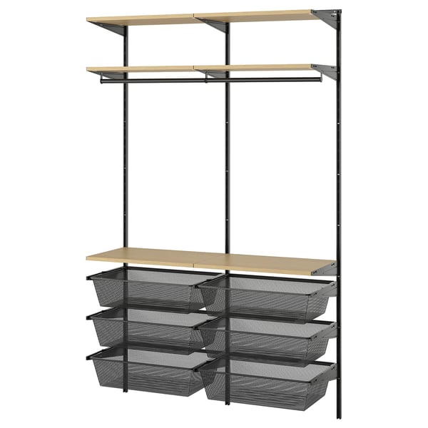 A BOAXEL storage system in black, featuring shelves and mesh baskets for organizing items.