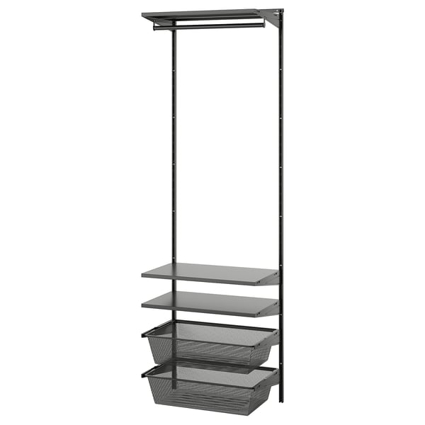 BOAXEL dark grey wall-mounted storage shelves and baskets.