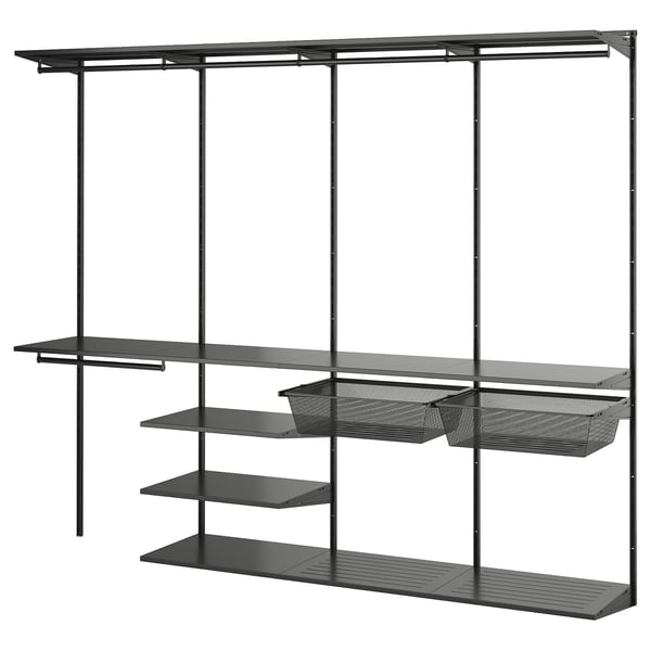 Black BOAXEL wall-mounted storage system with shelves and mesh baskets, featuring a sleek, modern design.