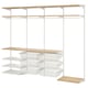 A white BOAXEL storage system with wooden shelves and mesh drawers for organised storage.