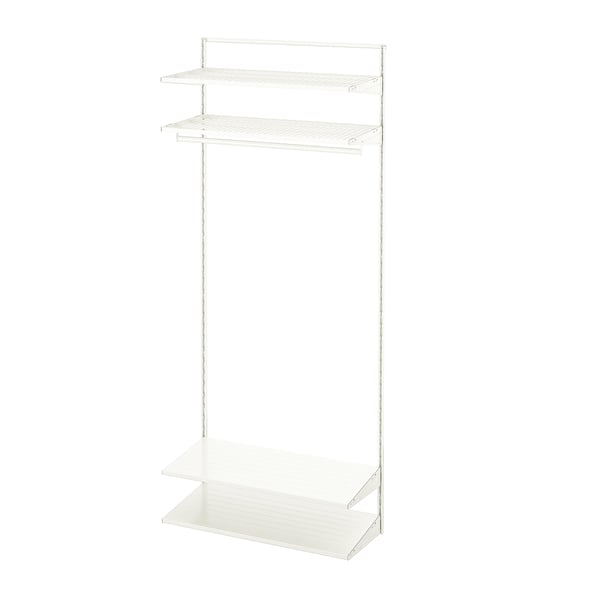 A white BOAXEL storage system. It has metal shelves and a hanging rod for closet organization.
