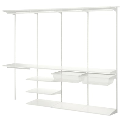 BOAXEL white wall storage system with shelves and hanging rail for closet organization.