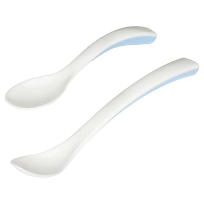 Two white spoons, one curved, one long with blue tips, for baby feeding.