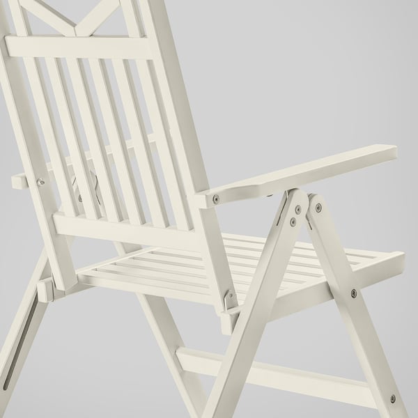 White wooden foldable patio chair, sturdy & adjustable, shown half-folded.