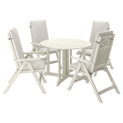 BONDHOLMEN patio set, 4 reclining chairs, light beige, wooden, cushioned seats & backs.