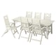 Image shows a white outdoor furniture set including a table and foldable chairs, made of acacia wood with acrylic paint and polyamide plastic parts.