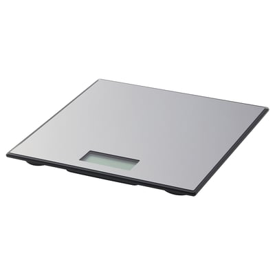 BORSÅN digital scale, silver. Sleek design with glass top and dark edges. Shows weight in kg, pounds, stones.
