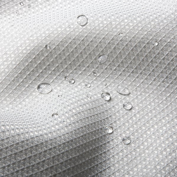 Water-repellent fabric with a three-dimensional waffle pattern, designed for shower curtains.