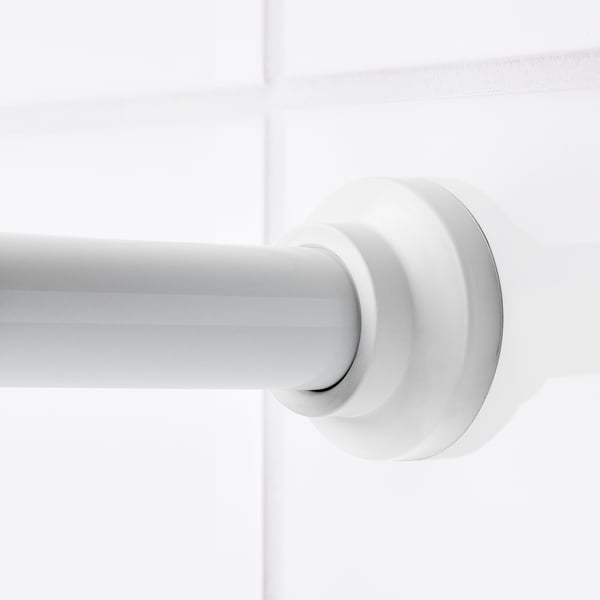White shower curtain rod bracket, featuring modern design. Spring-loaded for secure wall mounting without screws.
