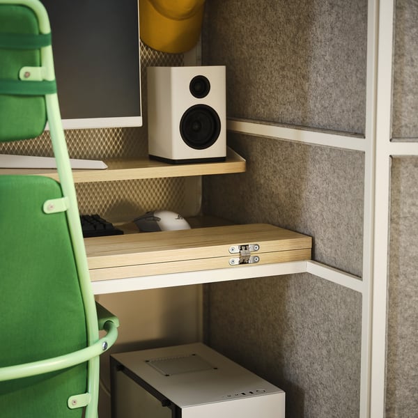 Gaming station with shelves for monitor, gear, and pc tower. Includes a foldable table and space for gaming chair.