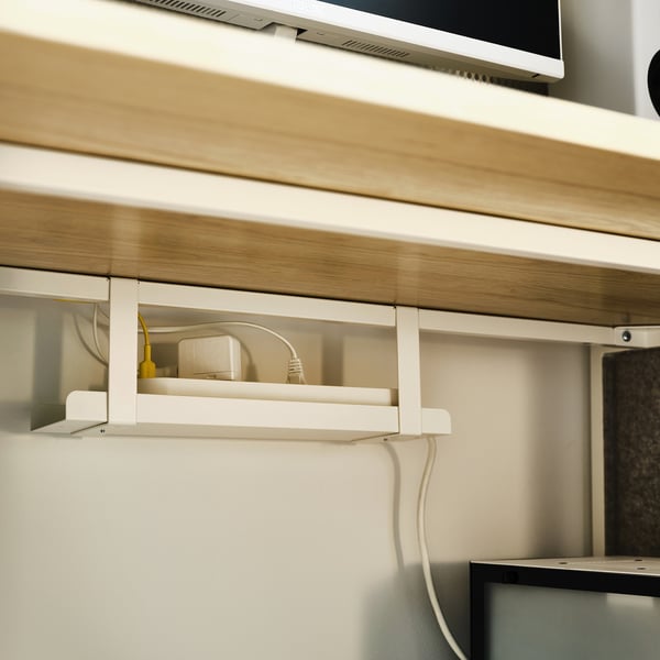 Wall-mounted gaming desk with shelves. Hold monitor, gear, and pc tower. Cable management visible.