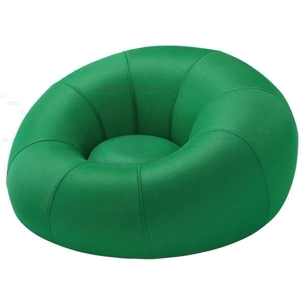 Bright green inflatable round chair, perfect for cosy seating. Made of fabric with mesh pattern, offers comfort and support.