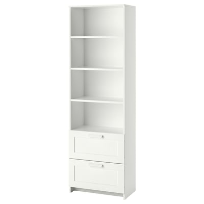 A white BRIMNES bookcase with drawers, featuring adjustable shelves for storage and display.