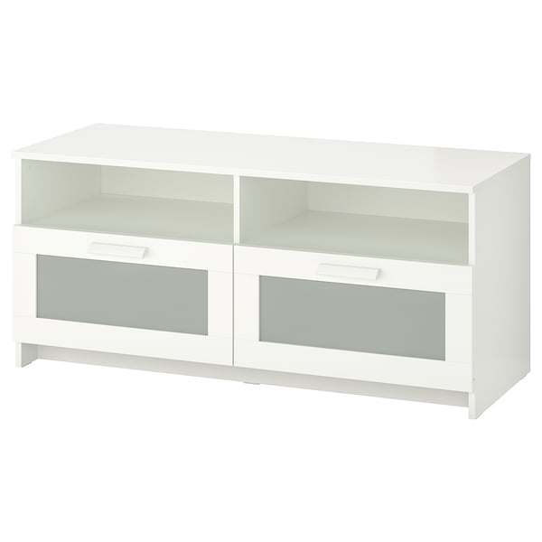 White BRIMNES tv stand, square shape, two drawers with glass fronts, open shelves on top.