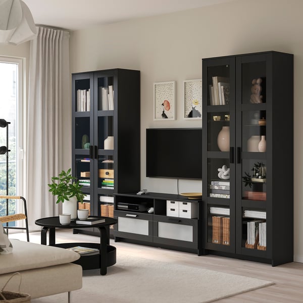 BRIMNES TV storage combination/glass doors, black, 280x41x190 cm