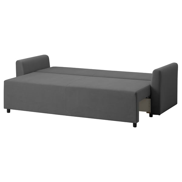 Modern grey convertible sofa bed with armrests.