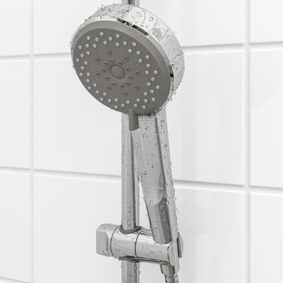 Showerhead with full, mist, and massage spray options, mounted on chrome holder.