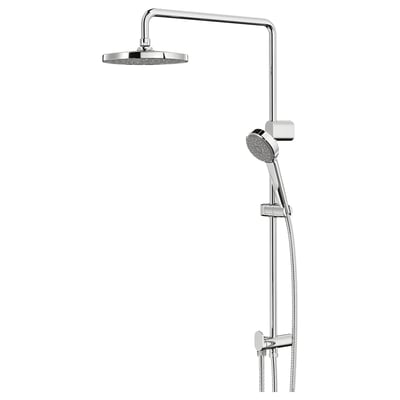 Modern chrome shower system with handheld and overhead heads, featuring a sleek rail design.