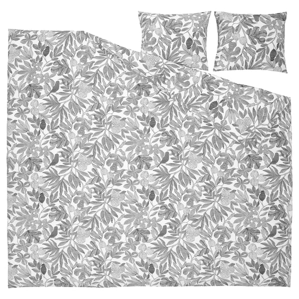 Brokdrácena duvet set. Black-white leaf pattern on light background. Square and rectangle shapes. Smooth polyester-viscose blend.