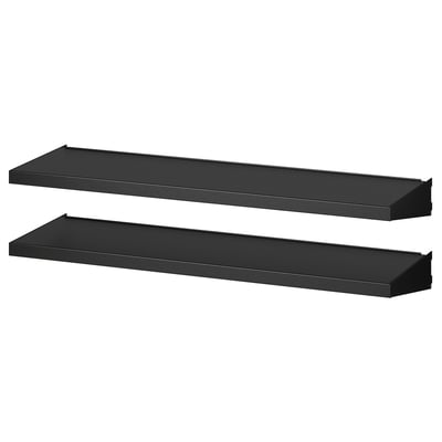 Two black metal shelves, ideal for garage storage. Galvanised steel construction for durability.