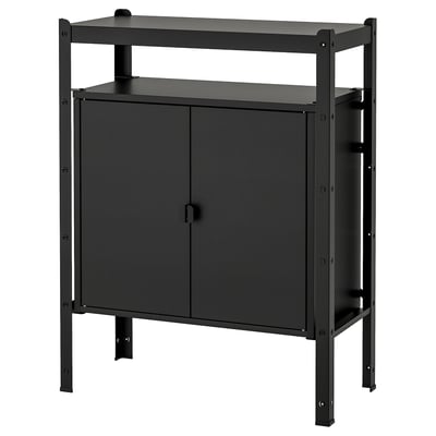 Black metal storage unit with cabinet and open shelf, featuring two doors and a simple design. Ideal for organizing heavy items.
