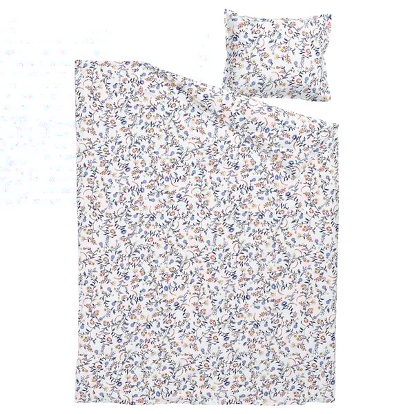 BRUDKRUSBÄR duvet set, white with blue & orange wildflowers, organic cotton.