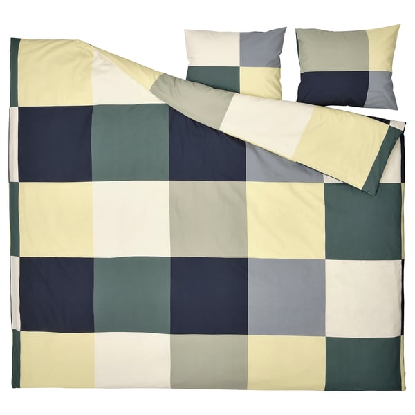 BRUNKRISSLA bedding set: green/yellow chequered duvet cover and pillows, cotton/viscose blend, rectangle shape with zip closure.