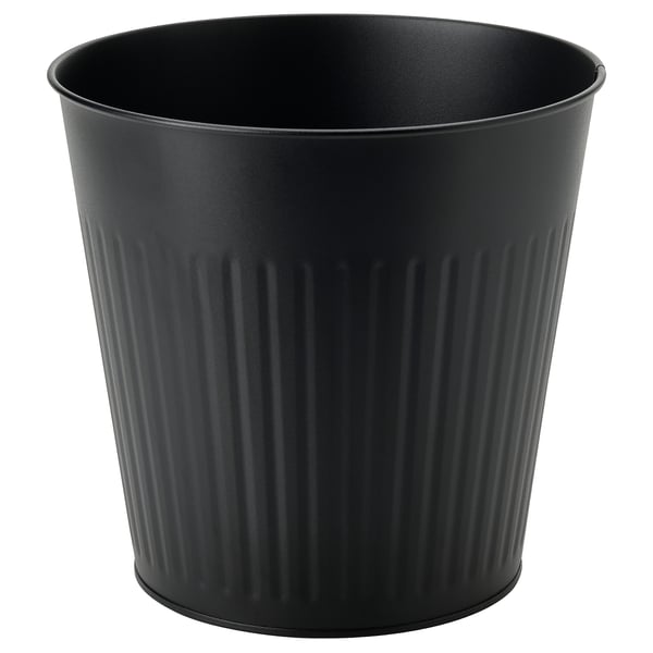 Black galvanised steel planter with vertical ridges, modern design for indoor or outdoor plants.