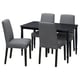 Black square dining table with four grey fabric chairs. Modern, sleek design with wooden legs.