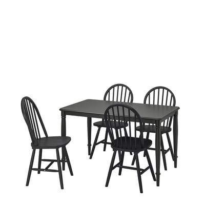 Black DANDERYD dining set with square table and four chairs, made of steel and acacia wood. Clean, modern design.