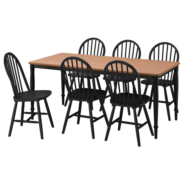 Black 6-piece dining set with rectangular table and 4 chairs.