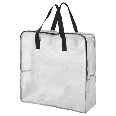 DIMPA bag, clear, durable plastic, rectangular, with black handles and zip, folds flat for easy storage.