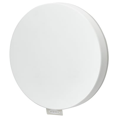 Ikea DIRIGERA hub, white, circular, smooth plastic surface, central control for smart home devices.