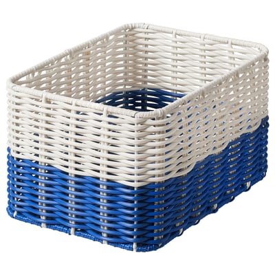 DJURTRÄNARE basket, white & blue, woven plastic rattan. Rectangular, handwoven design for indoor/outdoor use.