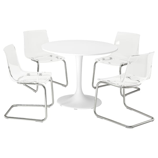 DOCKSTA: white 4-seat round dining set, sleek chrome legs, transparent plastic chairs.