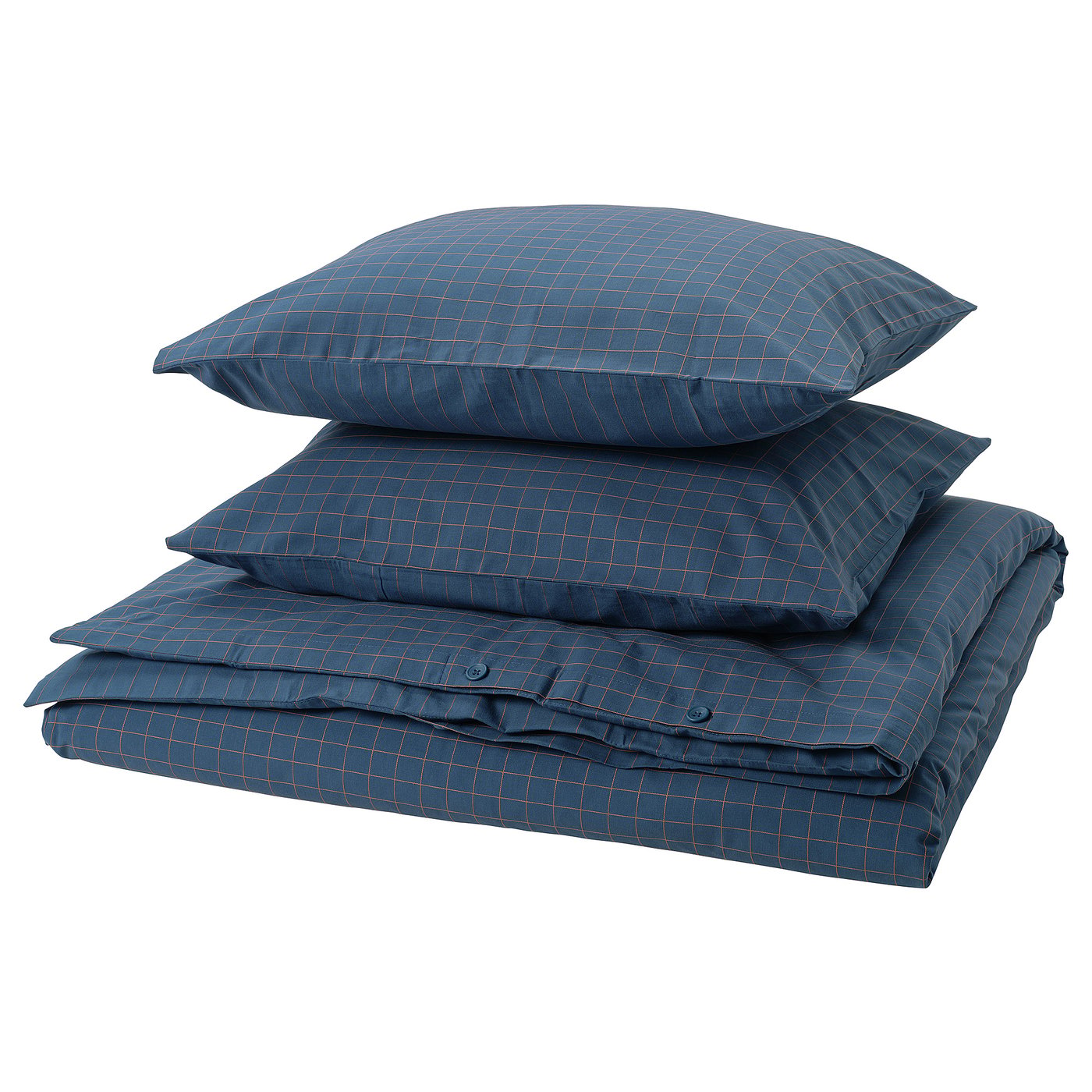 A DOFTAKLEJA duvet set in blue with chequered and striped patterns, made of cotton, neatly folded with buttoned corners.